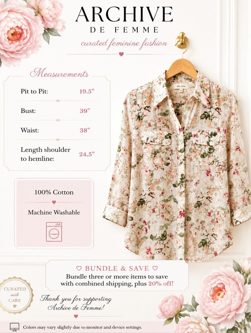 Croft & Barrow 100% Cotton Floral Button Down Blouse Size Small - Picture 8 of 11
